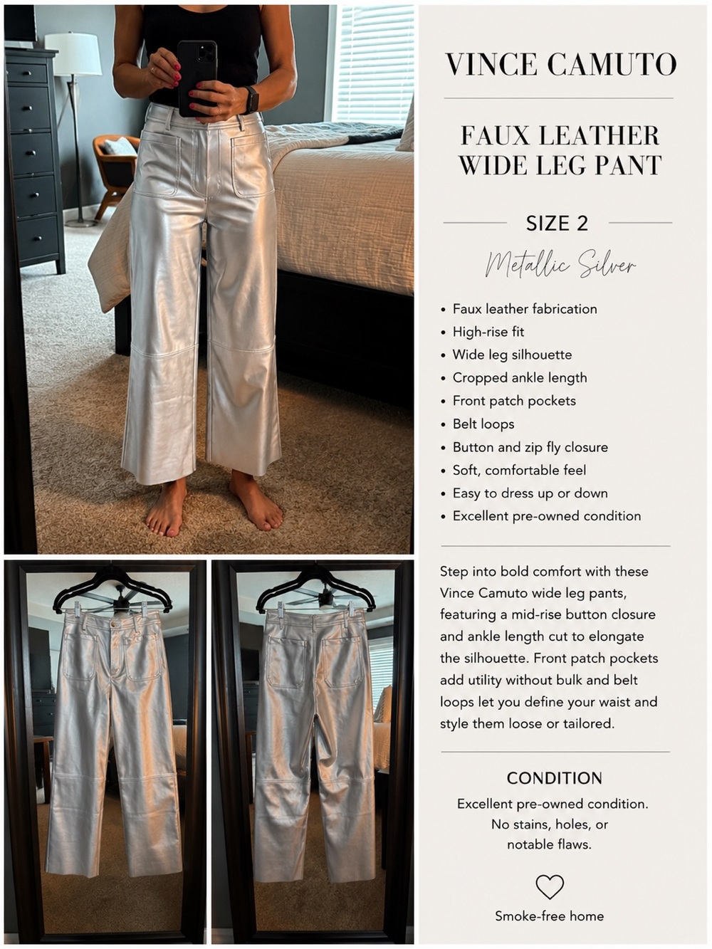 Vince Camuto Faux Leather Wide Leg Pant Silver Size 2